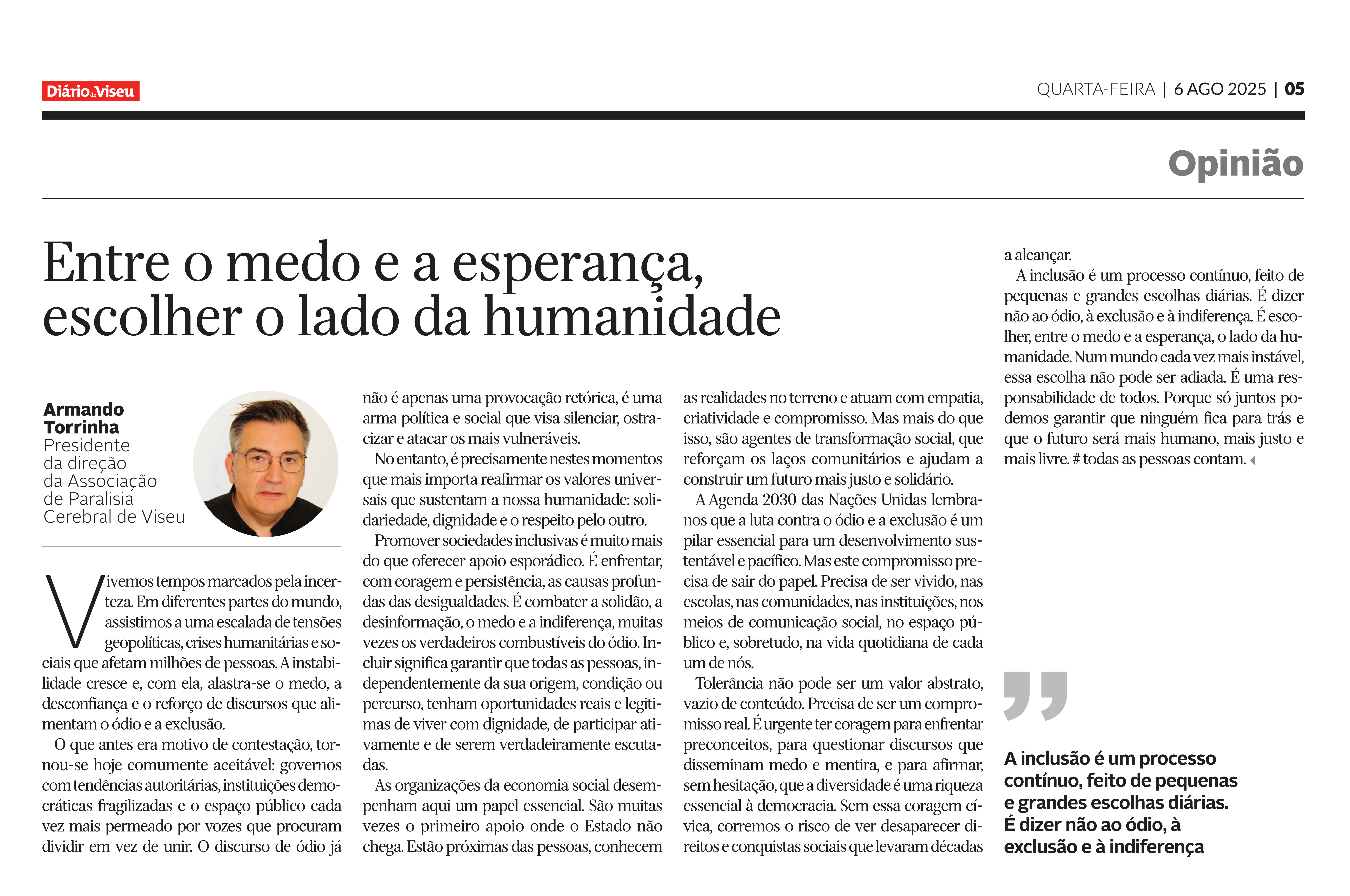 Artigo de Opinião - Entre o medo e a esperança, escolher o lado da humanidade